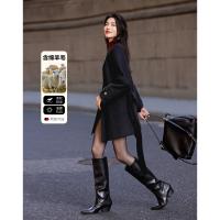 【人间烟火】冬季静奢风绵羊毛顺毛呢皮袢纽扣腰带藏肉大衣女外套