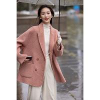 【韩风大女主】24冬静奢千鸟格含绵羊毛双面呢双排扣松弛女外套