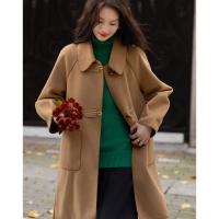 【韩剧女主穿搭】冬季静奢老钱风牛角扣大贴袋遮肉中长大衣外套女