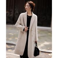 【会呼吸的绵羊毛】冬季温柔智性千鸟格双面呢双排扣女式大衣外套