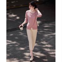 【圣情以待】秋冬慵懒风拼色圆领纤绒纱线衫温柔珍珠针织衫女上衣