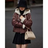 【雪山都市】冬400T春亚纺轻奢90鸭绒连帽拼接橡筋羽绒服女