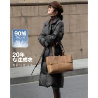 【静奢老钱】冬400T春亚纺90鸭绒长款双排扣荷叶边羽绒服女
