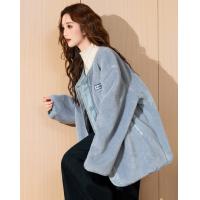 2024冬季女无领仿羊羔毛外套清新百搭休闲韩版时尚减龄潮流