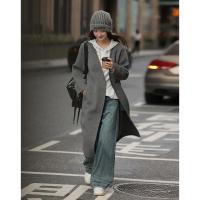 【灰色百搭V领大衣】2024冬款斜插袋设计长袖中长款呢大衣