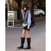 【知识分子套装】冬静奢低饱和高领无袖针织马甲条纹衬衫两件套女