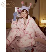 Gukoo/果壳睡衣女冬HelloKitty联名蝴蝶结牛奶绒保暖家居服套装D