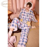 Gukoo/果壳睡衣冬季大耳狗联名新款保暖格子可爱女士家居服套装D