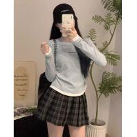 2024冬季女圆领下摆拼接假两件长袖打底衫T恤气质设计感休闲