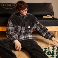 Gukoo/果壳睡衣男冬季新款简约保暖珊瑚绒男士棒球服家居服套装D