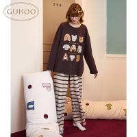Gukoo/果壳睡衣春秋款可爱小狗印花新款纯棉宽松女士家居服套装C