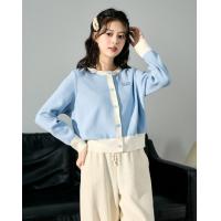 2024秋冬女圆领拼色开衫毛线衫简约百搭短款上衣设计感休闲