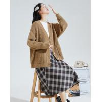 2024秋冬女V领中长款毛线衫开衫净色简约宽松百搭