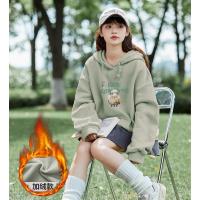 2024冬季女连帽前胸小羊图案加绒卫衣减龄学院风百搭韩版休闲
