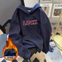 2024冬季女连帽前胸字母加绒卫衣学院风百搭减龄韩版休闲时尚