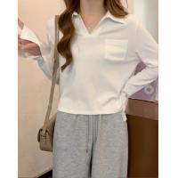 2024秋季女翻领净色短款长袖T恤简约休闲韩版气质百搭潮