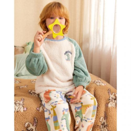 【童趣系列】睡衣男童冬季加厚款珊瑚绒保暖柔软家居服套装可外穿