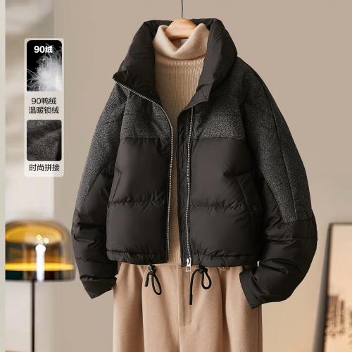 【雪山都市】冬轻奢90鸭绒400T春亚纺抽绳拼接短款羽绒服女