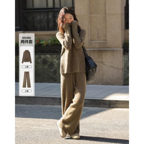 【气质针织套装】2024冬款高领腰带针织衫+腰部条纹毛织长裤