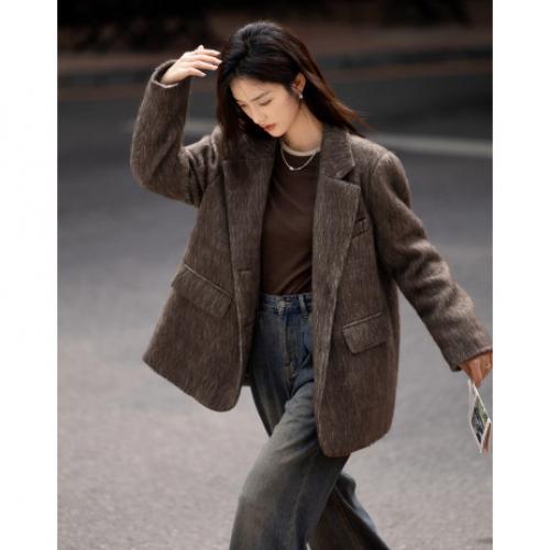 【咖色西装外套】经典复古感毛绒感绗棉棉衣外套女