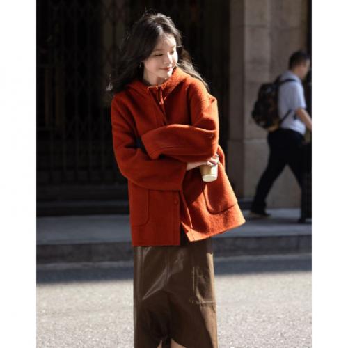 【礼颂新岁】冬季氛围感绵羊毛连帽呢大衣宽松中长款女式毛呢外套