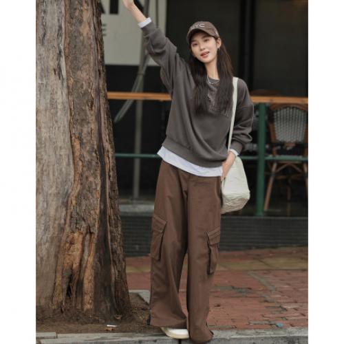 【青灰加绒卫衣】2024冬圆领袖口分割设计绣花装饰长袖卫衣女