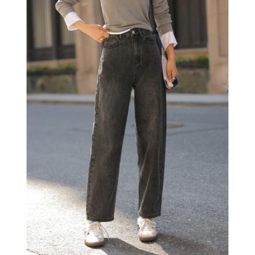 【时髦碳黑色牛仔裤】2024冬款无弹磨毛萝卜裤女