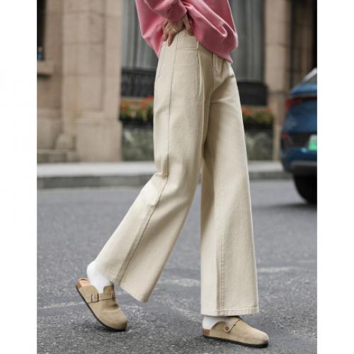 【简约杏色牛仔裤】2024冬款个性方边口袋时髦基础垂顺直筒裤