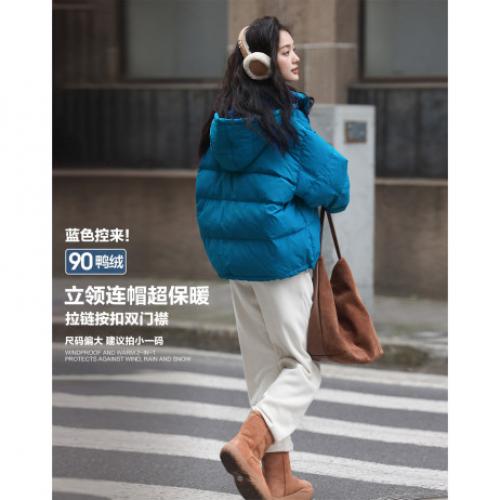 【简单靛蓝羽绒服】2024冬款连帽撞色纽扣设计长羽绒外套女