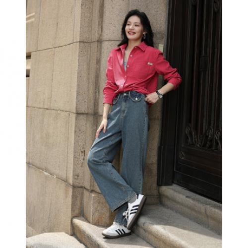 【玫红色翻领衬衫】2024冬款竖坑条多巴胺灯芯绒小众吸睛衬衫