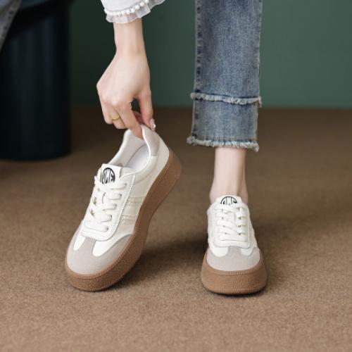 2024秋季简约日常百搭舒适编织斜纹撞色厚底德训鞋女休闲鞋