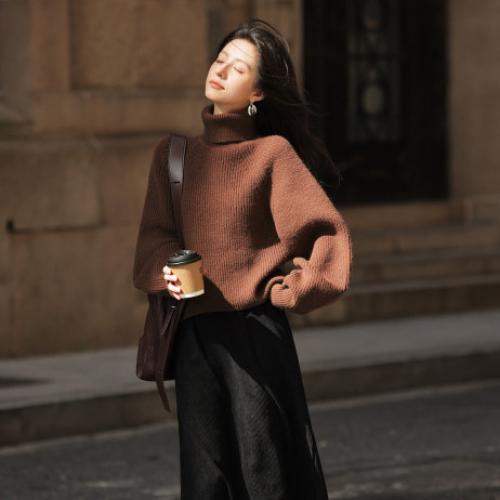 【气质熟女】2024冬款时尚高领前短后长套头长袖针织衫女