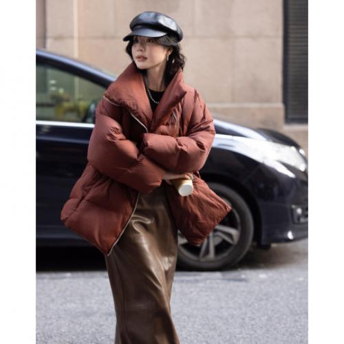 【个性拉链】2024冬款斜门襟时尚款一手长羽绒服外套女