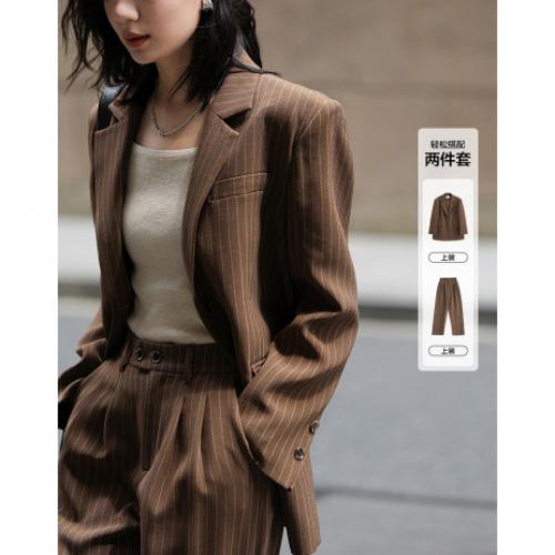 【棕色西装两件套】2024秋复古风经典条纹西装上衣+休闲裤女