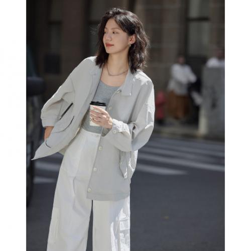 【治愈蓝灰外套】2024秋清冷气质小立领设计宽松简约松弛感