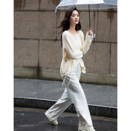 【慵懒米白针织衫】2024冬款个性下摆优雅气质松系带针针织衫