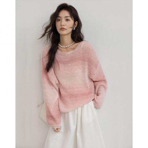 【桃气腮红针织衫】2024冬圆领套头渐变设计长袖针织衫女