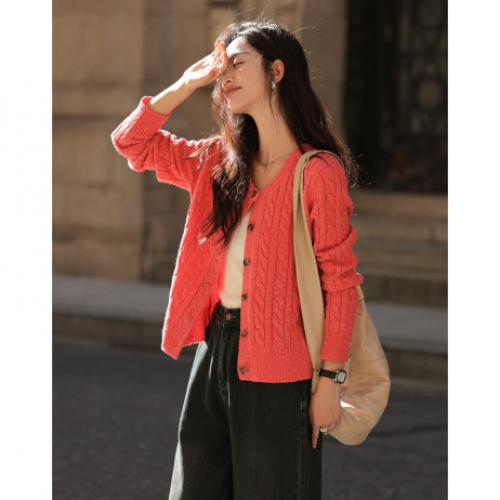 【西瓜红软糯开衫】2024冬季圆领撞色钉扣长袖针织开衫女