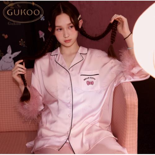 Gukoo/果壳睡衣女春秋款HelloKitty联名新款真丝女士家居服套装C