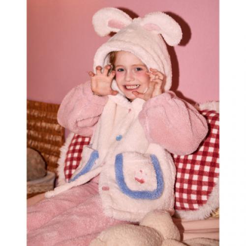 【童趣系列】女童睡衣冬加绒厚款连帽兔耳睡衣家居服套装可外穿