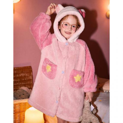 【暖绒舒适】女童睡衣秋冬加厚北极绒连帽中大童家居服睡袍可外穿