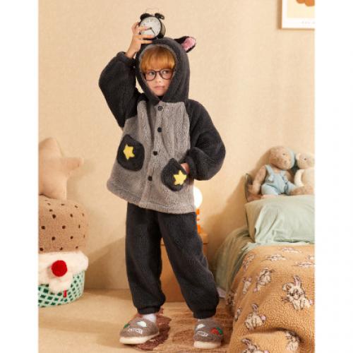 【立体耳朵连帽】男童睡衣秋冬加厚北极绒家居服套装可外穿