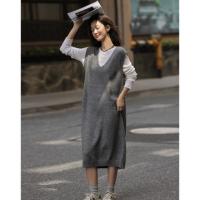 【慵懒风针织背心裙】2024冬经典简约灰宽松通勤V领连衣裙