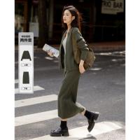 【针织套装】2024冬圆领拉链针织衫+腰部弹力休闲中长款半裙