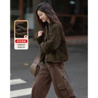 【复古咖毛绒外套】2024冬款不规则弧线拉链仿羊羔绒外套女