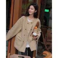 【气质杏色双排扣外套】2024冬款圆领设计仿羊羔绒外套女
