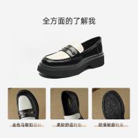 2024年春季新款简约百搭英伦风金色马鞍扣圆头深口乐福鞋女单鞋