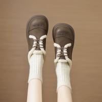 2024温暖冬日百搭舒适休闲复古圆头拼接字母玫瑰系带毛毛鞋