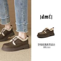 2024温暖冬日百搭舒适休闲复古圆头拼接字母玫瑰系带毛毛鞋