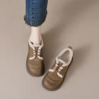 2024温暖冬日百搭舒适休闲复古圆头拼接字母玫瑰系带毛毛鞋